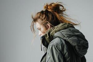 Profile of a girl with brown hair wearing a green winter jacket. Gray empty background photo