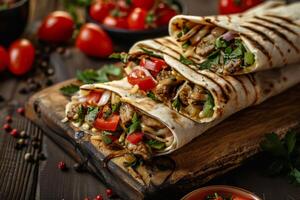 Shawarma sandwich, fresh roll of lavash pita bread chicken beef shawarma falafel. Recipe with grilled meat, mushrooms, cheese. On wooden background and ingredients photo