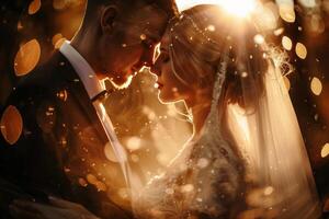 Wedding of a man and a woman. They hug and pose for a photo. Warm colors, bright reflections of light on a dark background. Mysterious atmosphere photo