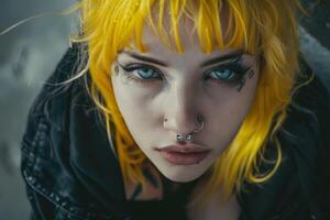 An informal girl with yellow hair and dark makeup looks at the camera. Top view photo