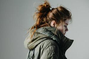 Profile of a girl with brown hair wearing a green winter jacket. Gray empty background photo