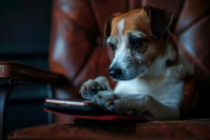 Jack Russell terrier se sienta en un silla y mira a el teléfono. lee el noticias, relojes social redes en un oscuro habitación foto