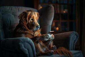 A golden retriever sits on a chair and looks at the phone. Reads the news, watches social networks in a dark room photo