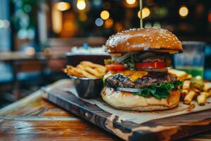 sabroso arte carne de vaca hamburguesa en un borroso restaurante antecedentes con papas fritas hamburguesa con queso con cebollas, rebanada tomate, lechuga, tocino, pepinillo y patata francés papas fritas foto