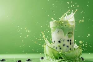 Cup of tasty matcha green bubble tea on green background splash photo