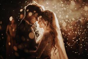 Wedding of a man and a woman. They hug and pose for a photo. Warm colors, bright reflections of light on a dark background. Mysterious atmosphere photo