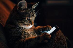 The cat is sitting on a chair and looks at a smartphone in a dark room. Pet social media feed photo