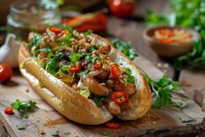 Delicious sandwich with meat, tomatoes, peppers, cilantro greens on a wooden board on a background with ingredients photo