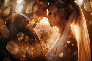 Wedding of a man and a woman. They hug and pose for a photo. Warm colors, bright reflections of light on a dark background. Mysterious atmosphere photo