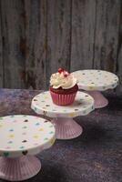 Cupcake on small ceramic plate with wooden bottom with copy space. Product photo. photo
