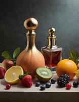 Set of fruits and aromatic essences in glass jars. photo