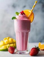 Strawberry milkshake in a crystal glass, decorated with fruit. photo