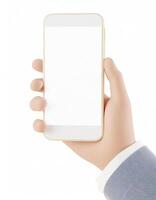 Man hand holding cell phone with white screen in 3D render style isolated on white background. photo