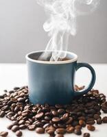 Cup of steaming coffee next to unground coffee beans. photo