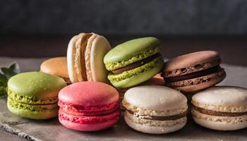 Macarons of different colors on a table. photo