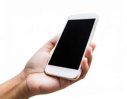 Man hand holding cell phone with blank screen isolated on white background. photo