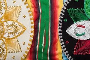 Mariachi hat on colorful serape. Mexican sombrero. Cinco de mayo background. photo