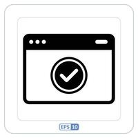 Online passed checkmark tick icon. A black and white icon of a check mark tivk on a computer screen vector