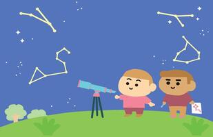 Children are using a telescope to look at the stars. vector