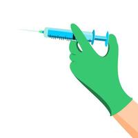 Injection in Green glove hand isolated on white background illustration. vector