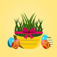 Nowruz in Iran celebration square banner. A bucket of grass and painted eggs illustration. Nowruz, happy Nowruz day, 21 march, Persian new year celebration, spring first day. vector