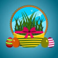 Happy Nowruz day celebration square banner. painted eggs, grass, mirror, Nowruz in Iran, Persian new year celebration, spring first day illustration. vector