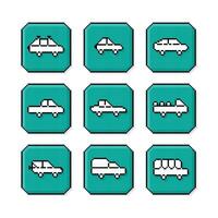 Pixel art, 90s mood, 8bit retro style cars automobile, set of pixilated car game icons or symbols on pixelated style illustration vector