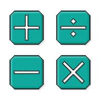 Pixel art, 90s mood, 8bit retro style plus, minus, multiply, divide, set of math page icons or symbols on pixelated style illustration vector