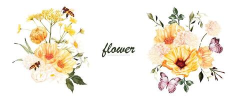 Set of Summer flower bouquet watercolor elements design vector