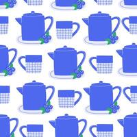 Seamless pattern with teapot and cup set with black and blueberry hot tea vector