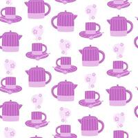 Seamless pattern with a purple teapot and cup set with flower hot tea vector