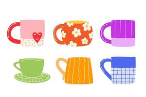 A collection of bright handmade cups vector