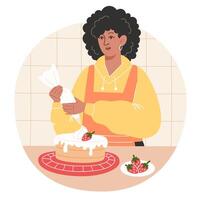 African woman makes a strawberry cake at home vector