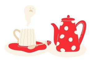 A bright set of a teapot and a cup with a hot drink in the amanita style vector