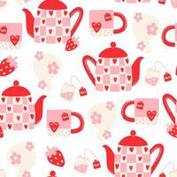 Seamless pattern with a bright teapot and cup set with strawberry-flower hot tea vector