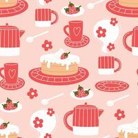 Seamless pattern with a strawberry cake and hot drink vector