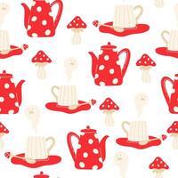 Seamless pattern with a teapot and a cup in the amanita style vector