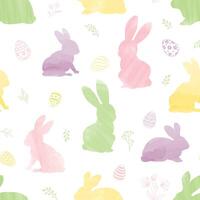 seamless gentle pattern with flowers, bunnies, and easter eggs on white background. Easter holiday decor for website, package, greeting card design vector