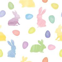 Easter seamless gentle pattern with bunnies and easter eggs over white background. Easter holiday decor for website, package, greeting card design vector