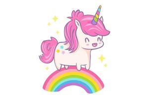 greeting card with cute unicorn and rainbow in kawaii style. illustration of a cute unicorn on rainbow vector