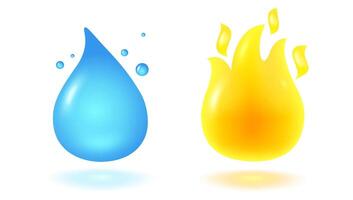 illustration of water drop and fire flame in 3D style. icon of rain drop and fire in realistic style. vector