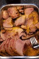 a top down view of a pan filled with slices of ham for a family gathering photo