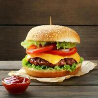 Big tasty cheeseburger with cheese and ketchup on wooden background photo