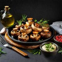 Arrangement of baked mushrooms with black background photo