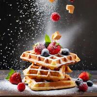 Belgium waffles with berries and sugar powder is falling from up photo