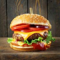 Big tasty cheeseburger with cheese and ketchup on wooden background photo