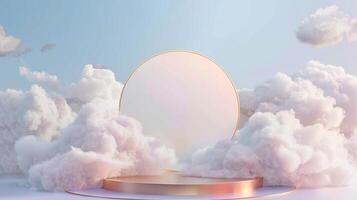 Smoke dances amidst clouds and sky, rising from a chimney A blend of nature and pollution creates an abstract, vintage scene, with Gold podium stage minimal abstract background. photo