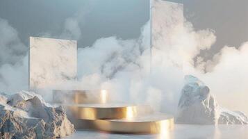 Smoke dances amidst clouds and sky, and gold geometric Stone and Rock shape background., vintage scene, with Gold podium stage minimal abstract background. photo