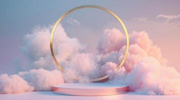 Smoke dances amidst clouds and sky, rising from a chimney A blend of nature and pollution creates an abstract, vintage scene, with Gold podium stage minimal abstract background. photo