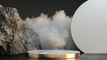 Smoke dances amidst clouds and sky, and gold geometric Stone and Rock shape background., vintage scene, with Gold podium stage minimal abstract background. photo